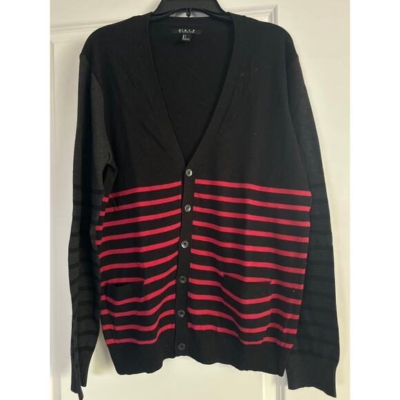 GUC 21 Men Men's Black/Red Stripe Cardigan Button Front Size Large - Picture 1 of 5